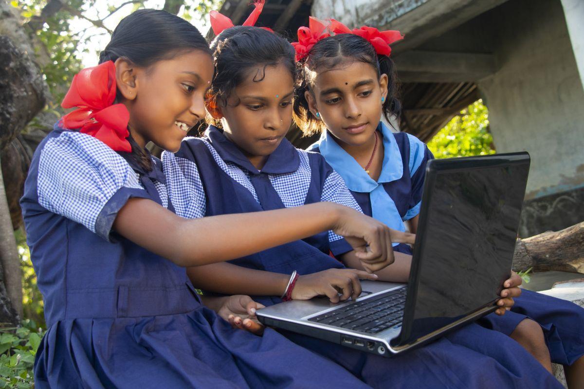 rural school girls using computer