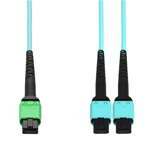 Picture of 10m MPO/APC to 2xMPO/UPC Aqua OM4 LSZH 16-Strand Fiber Fanout Cable