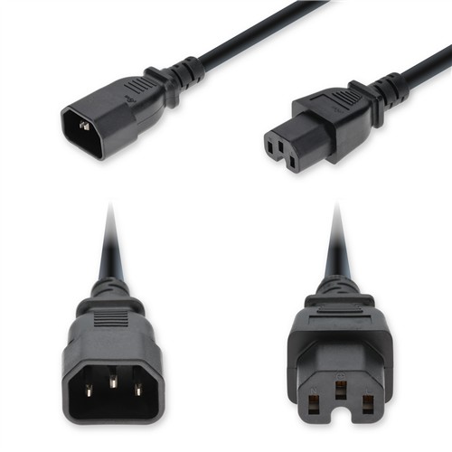 Picture of 2ft C14 Male to C15 Female Standard Commercial 18 AWG 100-250V at 10A PVC SJT (Service Junior Thermoplastic) Jacket Black Power Cable