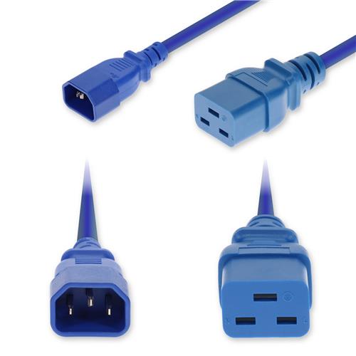Picture of 10ft C14 Male to C19 Female Industrial Grade 14 AWG 250V at 15A PVC SJT (Service Junior Thermoplastic) Blue Power Cable