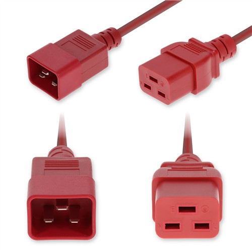 Picture of 8ft C20 Male to C19 Female P-Lock Compatible Industrial Grade 12 AWG 250V at 20A PVC SJT (Service Junior Thermoplastic) Red Power Cable