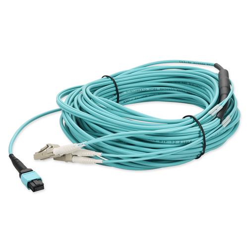 Picture of 25m MPO/UPC to 2xLC Duplex (4xLC)/UPC Aqua OM4 OFNR (Riser-Rated) 4-Strand Fiber Fanout Cable
