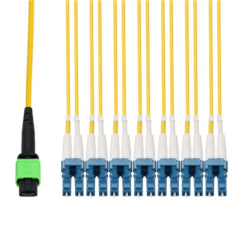 Picture of 10m MPO/APC to 6xLC/UPC Duplex Yellow OS2 OFNP (Plenum-Rated) 12-Strand SMF Fiber Patch Cable