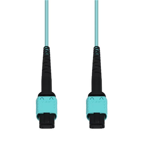 Picture of 9m MPO/UPC to MPO/UPC Aqua OM4 OFNR (Riser-Rated) 12-Strand Fiber Patch Cable with Serialized Labeled Ends